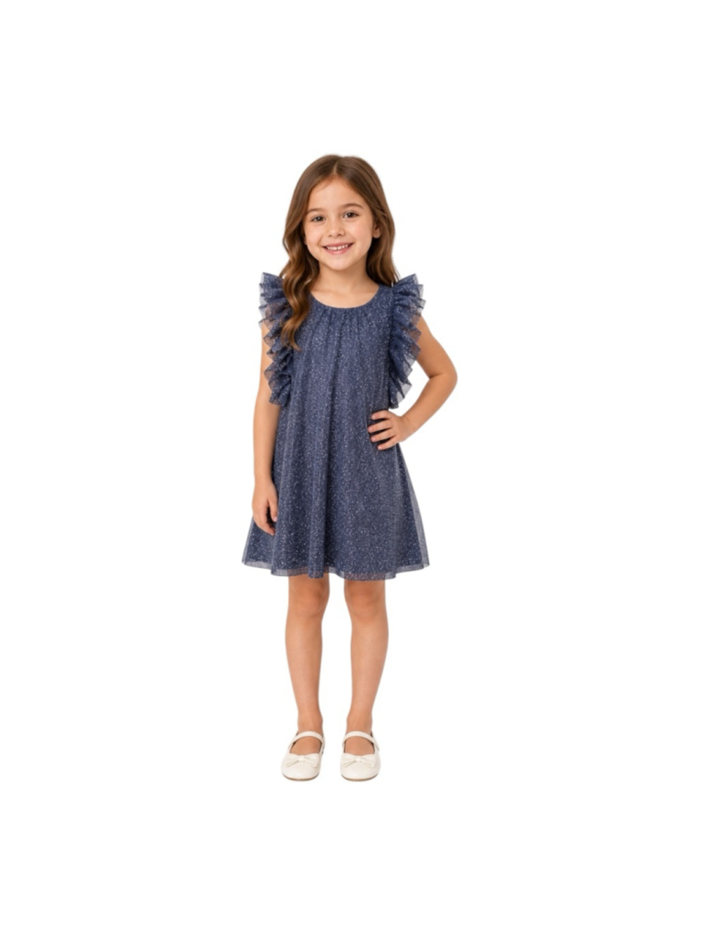 Tahari Girls Navy Sparkle Ruffle Sleeve Dress Size 6 Party Holiday